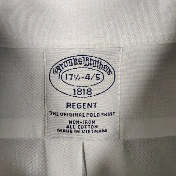 Brooks Brothers Dress Shirt Adult 17.5 4/5 XL 2XL White Button Up Regent Men - Picture 9 of 10